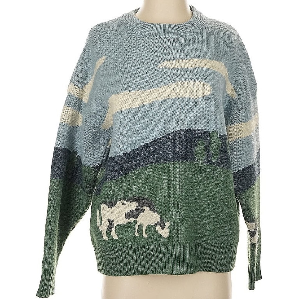 Size S Vamtac Cow Scenic Pasture Sweater - Green and Blue